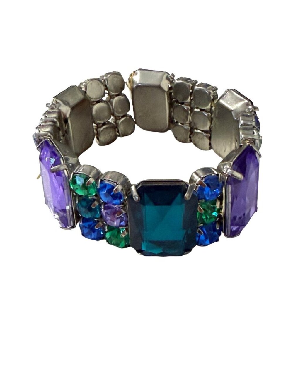 Vintage Stretch Rhinestone Bracelet Purple Blue Green Faceted Statement Jewelry